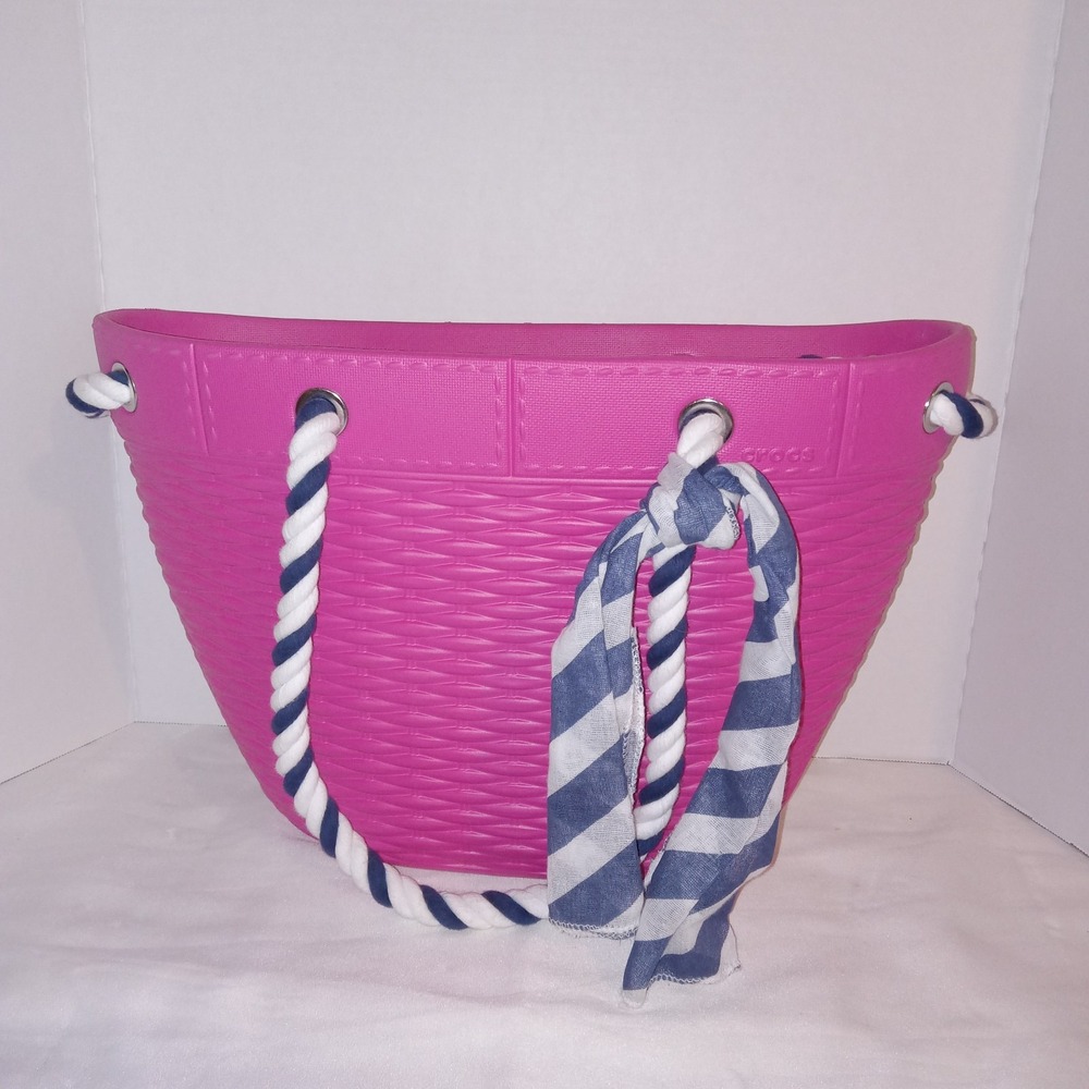 Crocs Tote Bag Womens Large Pink Basket Weave Rope Handle Beach Bag Scarf
